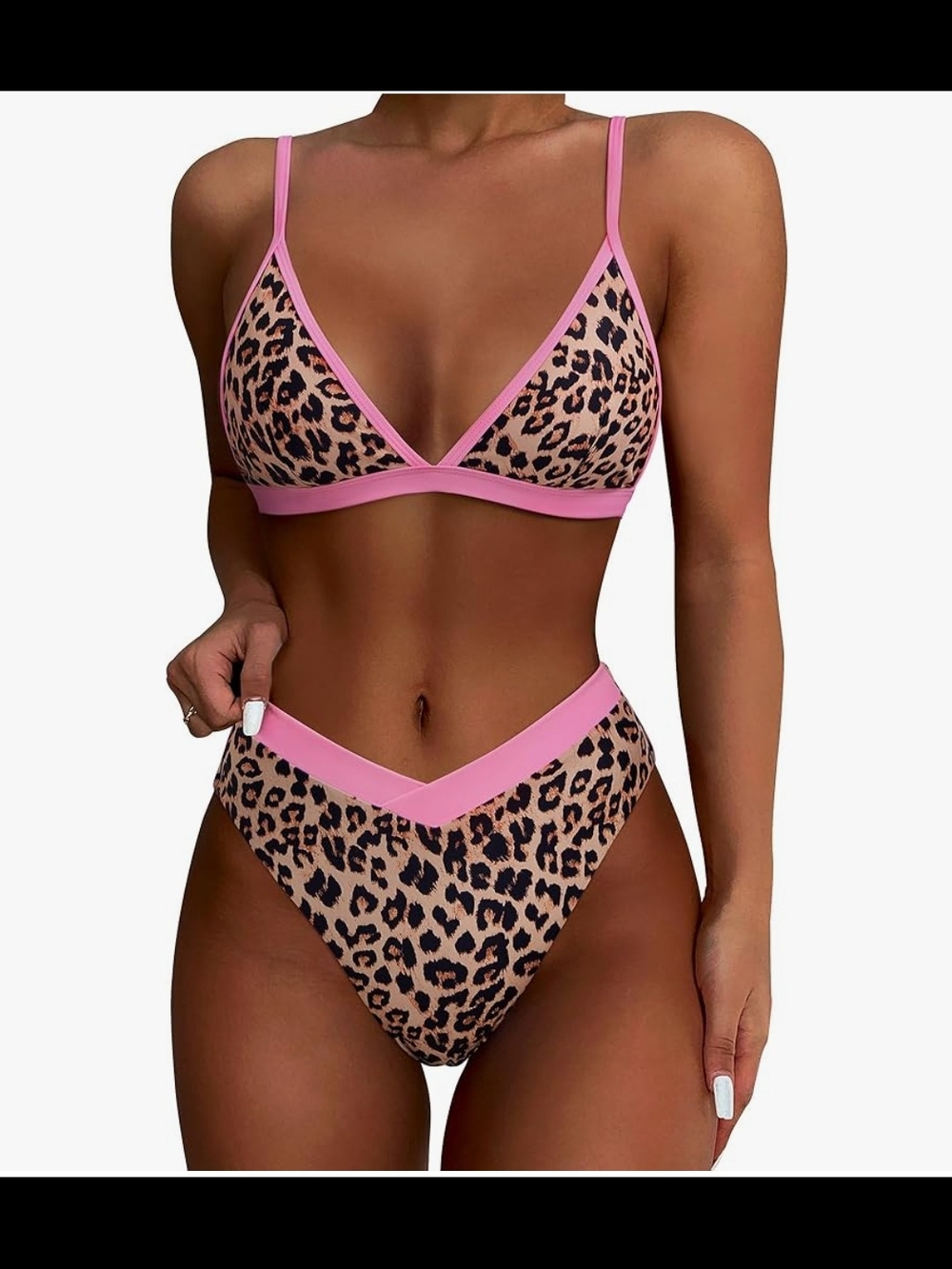 Pink Trim Leopard Print Bikini Set - Women's Swim